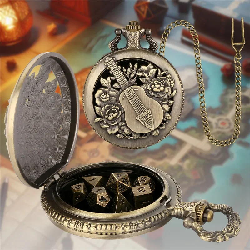 Retro Gaming Gifts - ลูกเต๋าโลหะทรงหลายเหลี่ยม 7 ด้าน สไตล์เรโทร สำหรับเล่นเกม พร้อมกล่องใส่ลูกเต๋าลายกีตาร์และดอกไม้