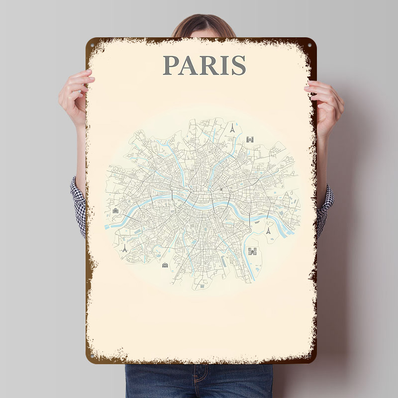 Retro Gaming Paris - โปสเตอร์แผนที่เมืองปารีส ป้ายโลหะตกแต่งผนังแบบวินเทจ ป้ายโลหะย้อนยุค สำหรับตกแต่งห้องเกมมิ่ง บ้านแสนสบาย
