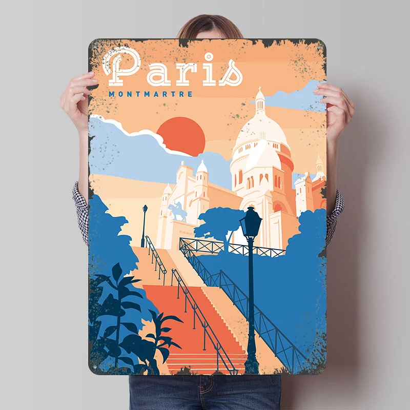 Retro Gaming Paris - โปสเตอร์พิมพ์ลายการเดินทางไปปารีส มงต์มาร์เตร งานศิลปะตกแต่งผนังแบบกำหนดเอง ป้ายโลหะสไตล์เรโทรวินเทจ สำหรับตกแต่งห้องเล่นเกม ตกแต่งห้องให้ดูอบอุ่น