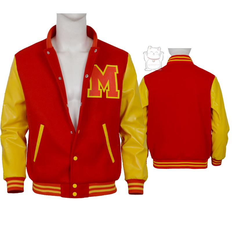 Retro Gaming Jacket - เสื้อแจ็คเก็ตทีมโรงเรียนชั้นนำของไมเคิล แจ็คสัน ราชาแห่งการเต้นหมายเลขหนึ่งของโลก แบบคอสเพลย์ สีแดงและเหลือง ลายบล็อก
