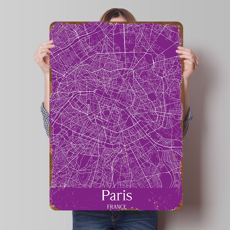 Retro Gaming Paris - โปสเตอร์แผนที่เมืองปารีส พิมพ์ลายตามสั่ง ศิลปะติดผนังสไตล์เรโทร ป้ายโลหะวินเทจ สำหรับตกแต่งบ้าน ห้องเล่นเกม