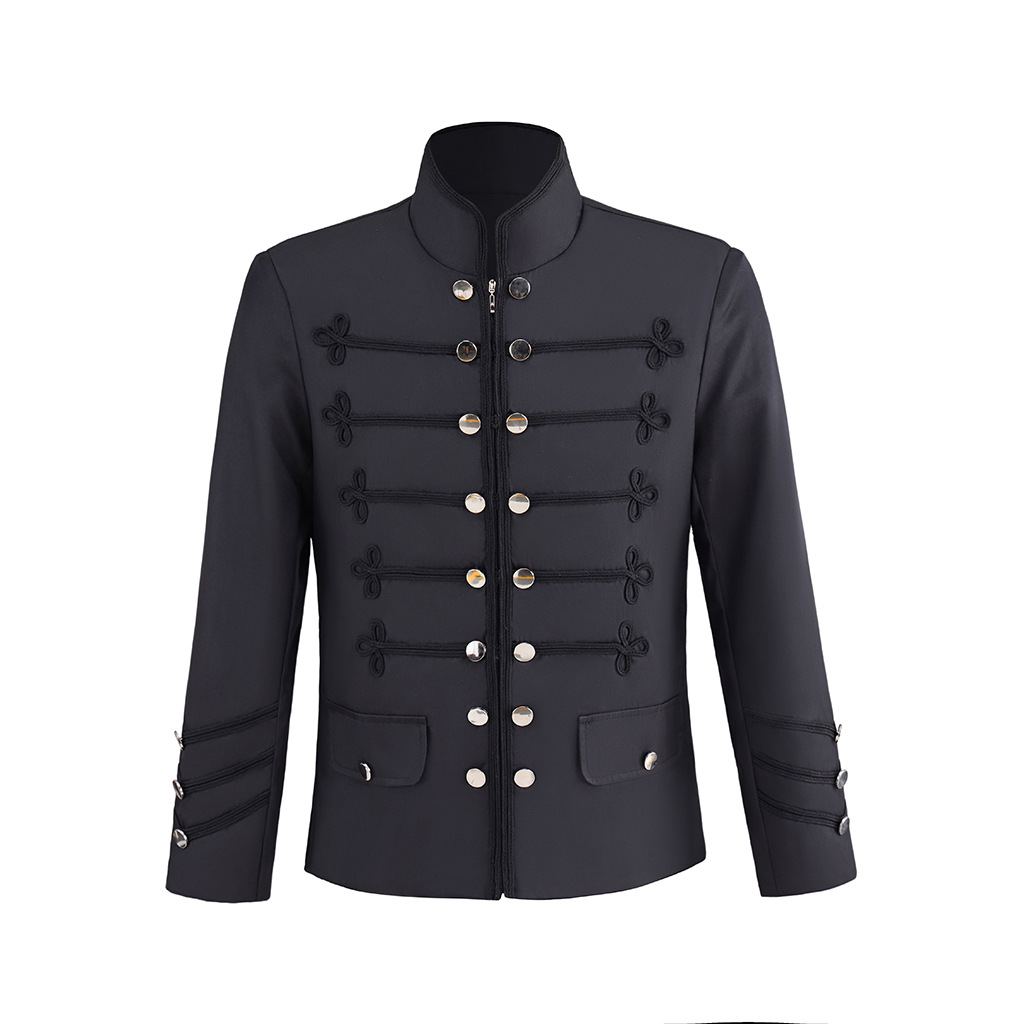 Retro Gaming Jacket - เสื้อแจ็คเก็ตทหารสีดำสำหรับผู้ชาย สไตล์นโปเลียน ฮัสซาร์ ฟร็อกโค้ท คอสตูม โกธิค