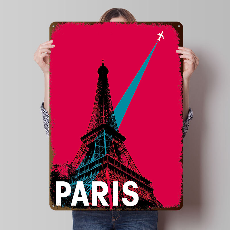 Retro Gaming Paris - โปสเตอร์โลหะท่องเที่ยวหอไอเฟลปารีส งานศิลปะติดผนังแบบกำหนดเอง ป้ายโลหะสไตล์เรโทรวินเทจสำหรับตกแต่งห้องเล่นเกมส์ ห้องนั่งเล่น หรือบ้าน
