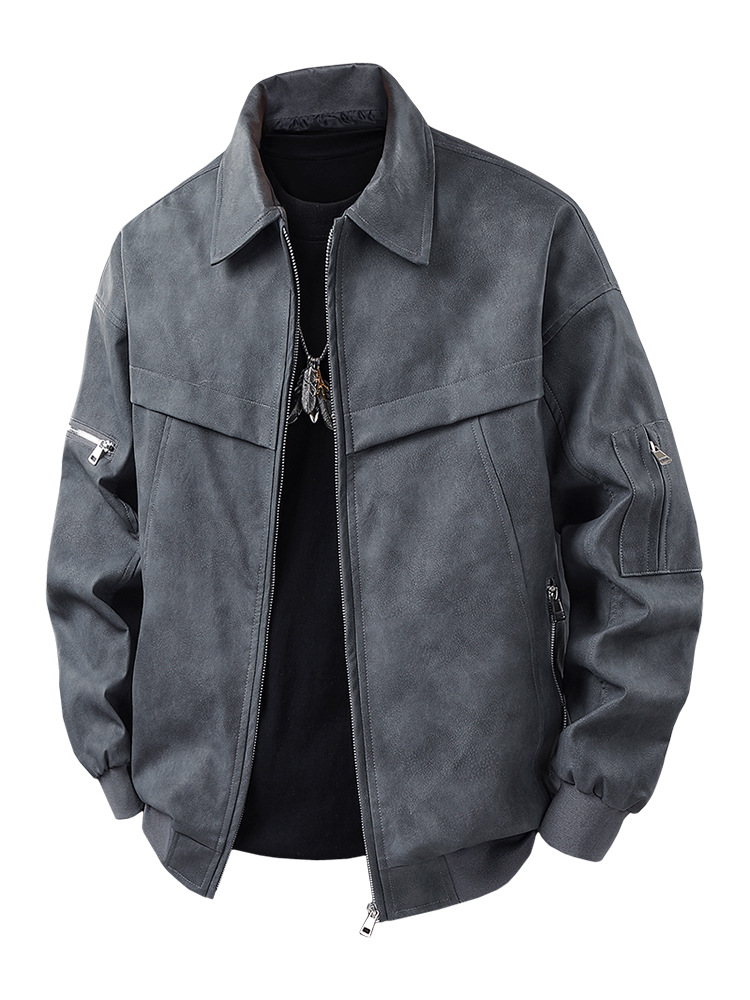 Retro Gaming Jacket - แจ็คเก็ตหนังทรงบอมเบอร์สไตล์เรโทรสำหรับผู้ชายไซส์เอเชีย แจ็คเก็ตหนัง PU สั้นสไตล์ไบค์เกอร์ สไตล์อเมริกัน สำหรับฤดูใบไม้ผลิ